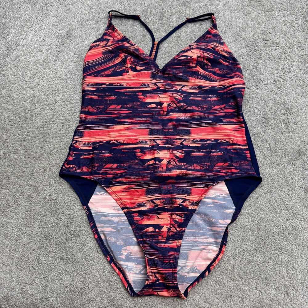 Lole One‑Piece Swimsuit Women XL Blue Abstract Print Strappy Open Back Quick‑Dry